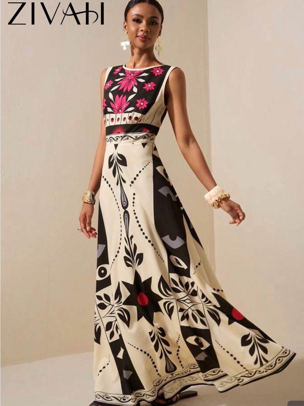 SHEIN Cream Maxi Dress with Black & Pink Graphic Floral Print - Picture 3 of 4